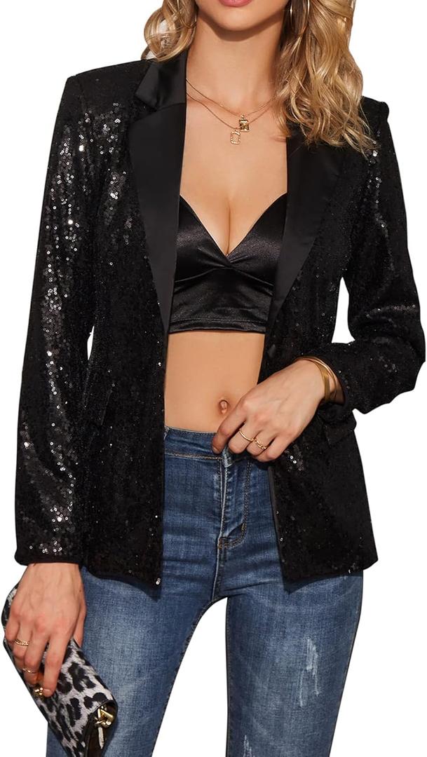 EXTRO&VERT Women Blazer Lightweight Long Sleeves Single Button Slim Casual Business Office Outfit (Medium, Black Sequin)