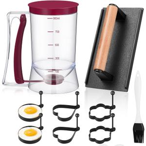 Layhit 9 Pieces Griddle Breakfast Kit, Including Precise Portion Control Pancake Batter Dispenser with Handle, Iron Cast Burger Presses, 6 Pcs Egg Rings, Basting Brush for Cooking Accessories Set