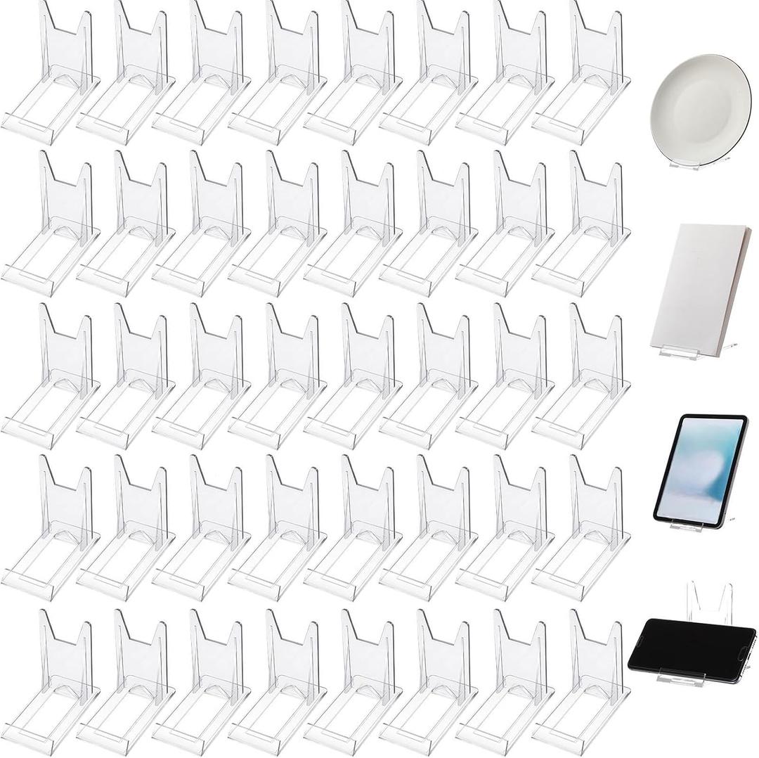 Tuanse 40 Packs Acrylic Plate Stand Clear Display Stand Easel Adjustable Mini Stand Holders for Displaying Plate Picture Book Photo Frame Card Desktop Stand, 4.02" H x 2.36" W