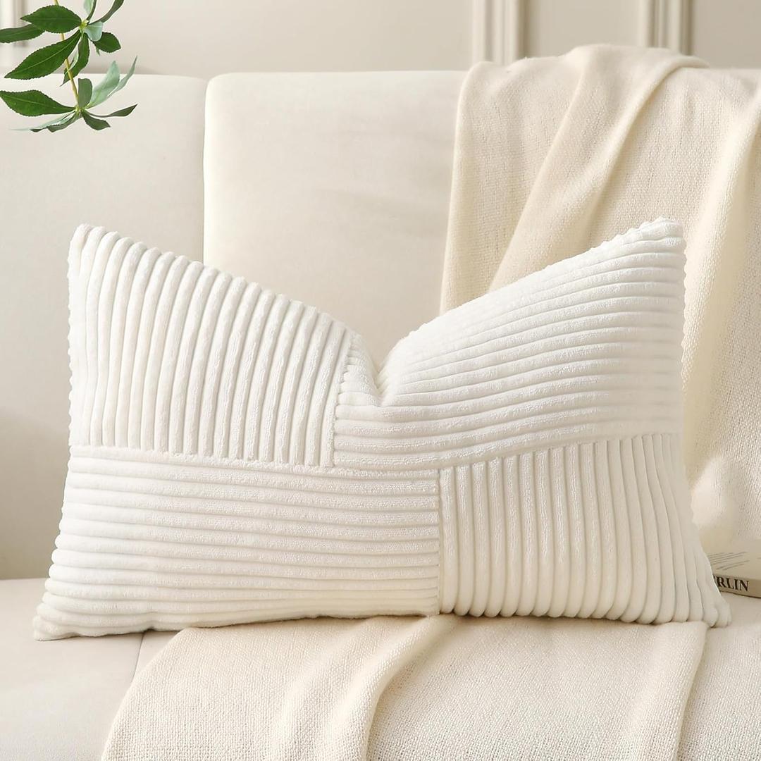 Cream White Lumbar Throw Pillow Cover 12x20 inch,Pack of 1 Soft Corduroy Cushion Cover with Patchwork Textured,Farmhouse Home Decor,Boho Decorative Rectangle Cushion Case for Couch Sofa