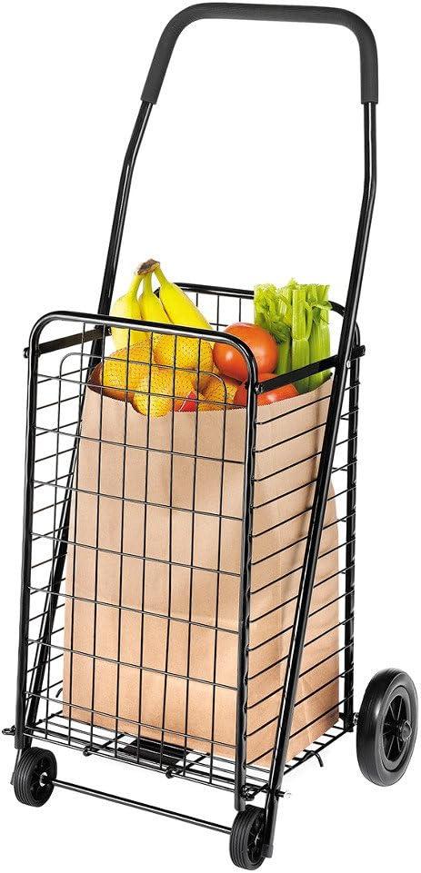 Whitmor Foldable Utility Shopping Cart with Wheels, Heavy Duty Metal Grocery Cart, Portable Foam Handle, Rolling Collapsible Trolley for Groceries, Laundry, Storage, Black