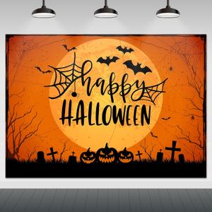 Mocsicka Happy Halloween Backdrop Orange Night Moon Graveyard Background Spooky Pumpkin Spider Web Halloween Party Cake Table Decoration Banner Photo Booth Props (8x6ft)