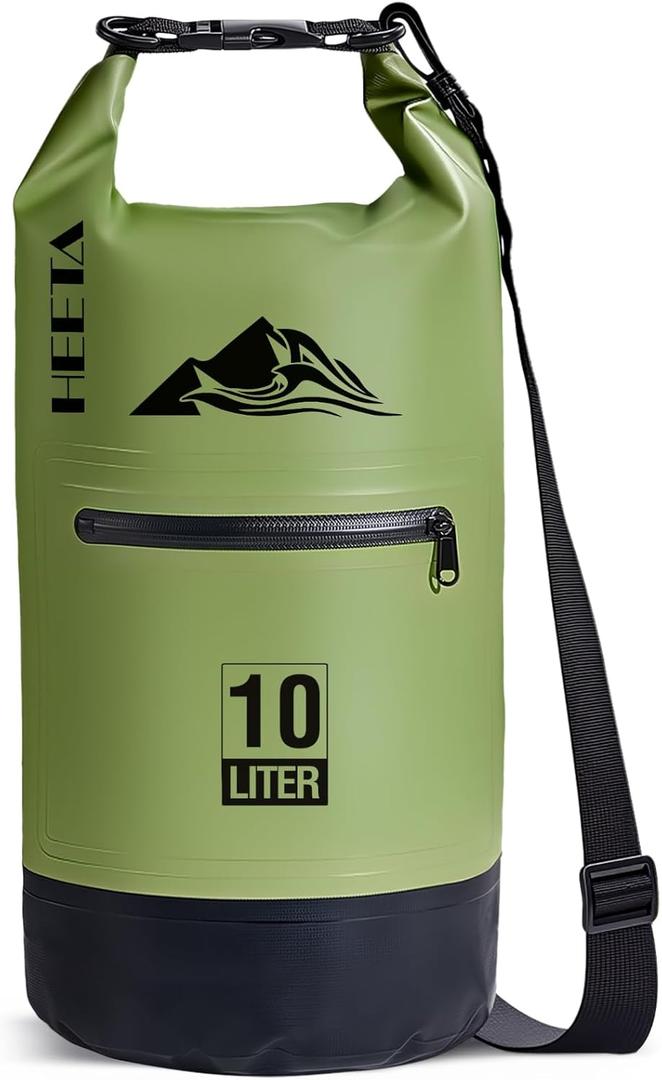 HEETA Waterproof Dry Bag with Front Zippered Pocket for Women Men, 5L/10L/20L/30L/40L Roll Top Lightweight Dry Storage Bag Backpack for Travel, Kayaking, Boating, Rafting, Camping, Hiking & Beach (Green)