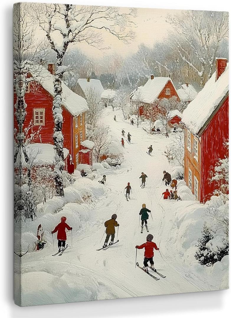 XINCEYWJ Vintage Ski Winter Wall Art Decor, Winter Ski Skiing Canvas Art Prints Framed, Rustic Retro Snowy Farmhouse Landscape Pictures Wall Decorations for Home Bedroom Living Room, 11x14 Inches