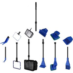 Aquarium Cleaning Tool Set, Fish Tank Cleaning 6-in-1 Set with Nets, Sponge Brush, Plant Fork, Scraper, Rake