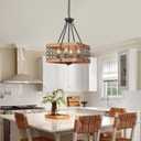 4-Light Wood Rustic Chandelier for Entryway 16.92'' Square Chandeliers for Living Room Hanging Ceiling Light Fixture Farmhouse Pendant Lighting for Kitchen Black and Woodgrain Finish, Square 16.14 In 1 Pack