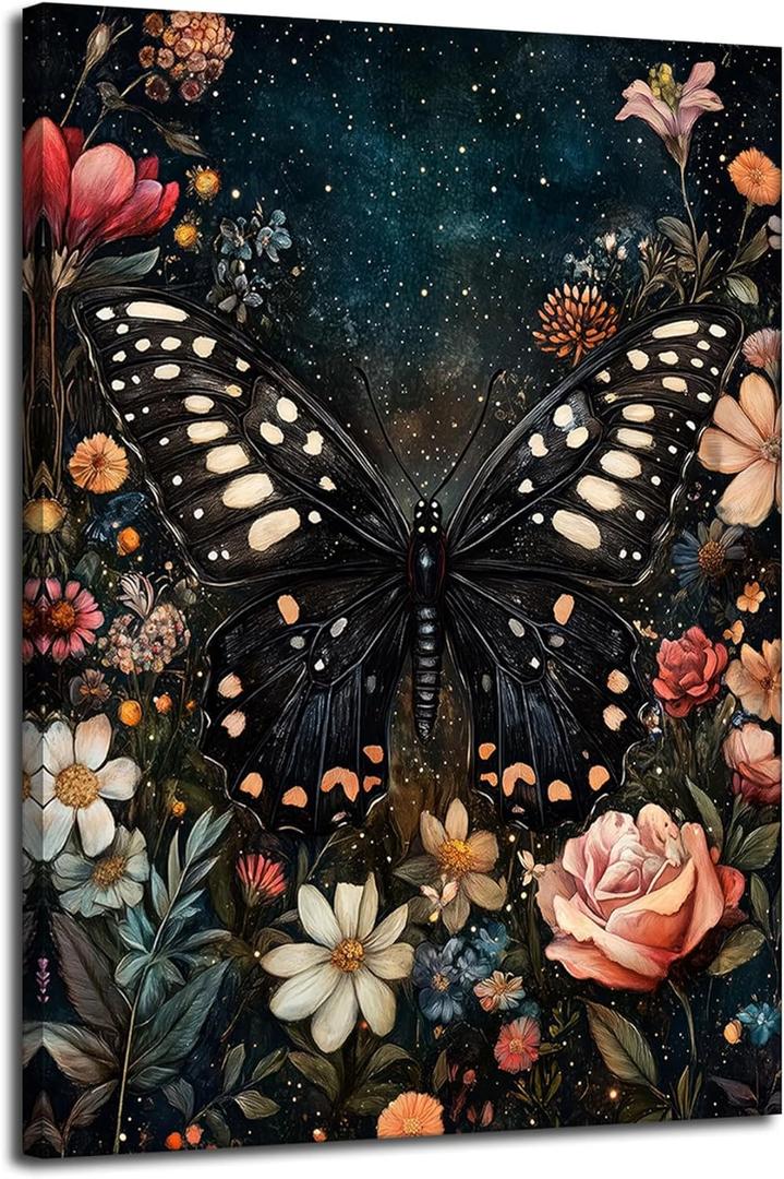 Butterfly under the Starry Sky Canvas Wall Art Dark Floral Butterfly Wall Decor Pictures Moody Vintage Botanical Moth Poster Prints Gothic Dark Academia Painting Decoration 12X16in Ready to Hang