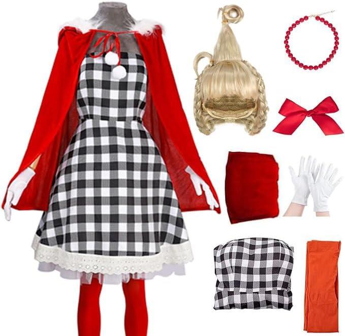 Kuberas Christmas Costumes for Kids Girls 7PCS Christmas Velvet Cape Dress Wig Accessories Halloween Christmas Cosplay Outfit, S