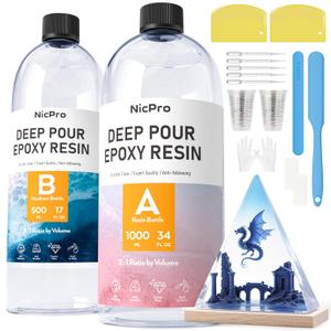 Nicpro 51oz Deep Pour Epoxy Resin Kit, 2 to 4 Inch Depth High Gloss & Clear, Bubble Free Epoxy Resin for Craft River Table, Wood Filler, Bar Top, Coating Casting, Food Safe Self Level 2:1