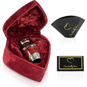 Small Keepsake Cremation Urns for Human Ashes with Velvet Heart Case and Funnel - Crimson : Deep Red Brass Hand Engraved Mini Memorial Urn