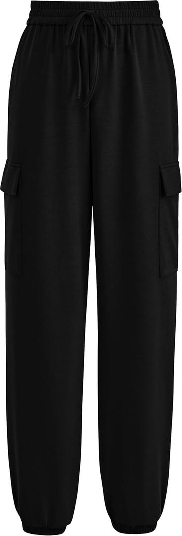 PRETTYGARDEN Women's Summer Cargo Sweatpants Casual Elastic High Waisted Lounge Jogger Pants with Pockets (Black, Size M)