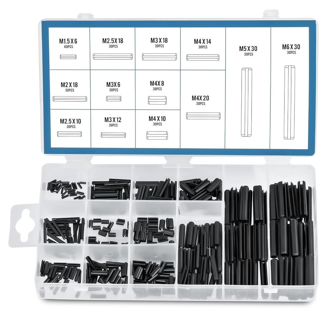 ZELCAN 400pc Roll Pin Set, M1.5 M2 M2.5 M3 M4 M5 M6 Slotted Metric Spring Pins in Various Lengths, Steel Split Expansion Pin Hardware Assortment Kit