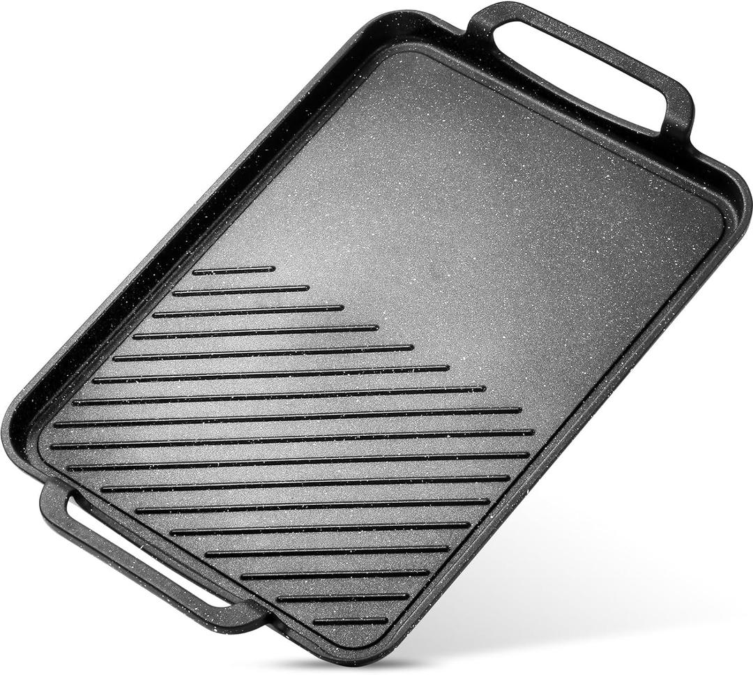 ESLITE LIFE 11" x 17" Nonstick Grill Pan for Indoor Cooking & Outdoor Grilling, Versatile 2-In-1 Induction Large Steak Pan for Stove Tops, PFOA Free, Black