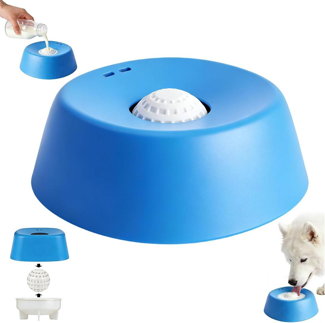 Slow Feeder Dog Bowls for Liquid Treat, Dog Lick Bowl Anti-Slip Slow Feeder for Wet Food, Anti-Slip Bone Broth Dog Lick Bowl with Rolling Ball, for Dogs and Cats (Blue)