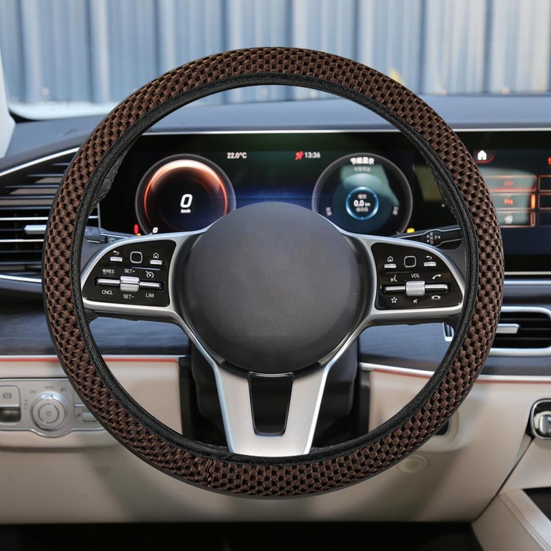 Elastic Stretch Steering Wheel Cover, Anti-Slip 15 inch Microfiber Odorless Breathable Ice Silk Car Steering Wheel Protector, Easy Carry, Warm in Winter & Cool in Summer (Coffee)
