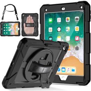 LTROP iPad 6th Generation Case, iPad 5th Generation Case, iPad Air 2 Case, iPad 9.7 Case for Kids, Shockproof 9.7 inch iPad Case with Rotating Stand/Hand Strap/Pencil Holder for iPad 2018/2017 - Black