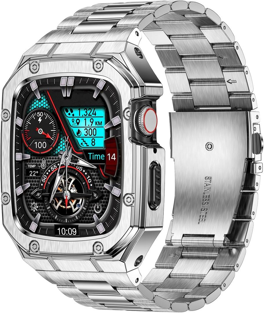 Stainless Steel Watch Band with Case Compatible with Apple Watch Series 9 8 7 (45mm), Rugged Strap with Metal Protective Bumper Cover for iWatch Bands Men (Silver)