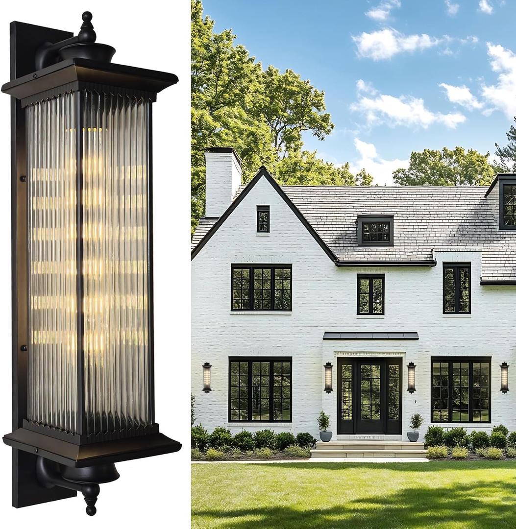 32'' Long Outdoor Wall Light Fixture Big with Dimmable E26 LED Bulb, Modern Waterproof Outdoor Porch Light Large Exterior Wall Sconce with Glass for Entrance, Patio, Garage (Black, 31.5'', 1-Lamp)