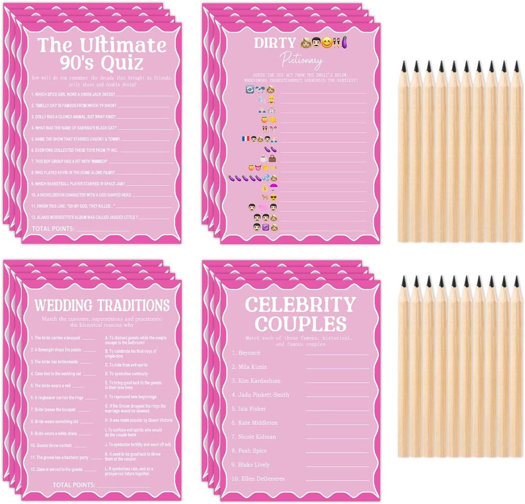 2 x 4 Bridal Shower Game Set, Four Fun Wedding Games with Answer Sheets and Pencil Activity Accessories, Perfect for 90's Bride and Groom Bachelorette Party Wedding Favors, 62 Pieces (Light Pink)