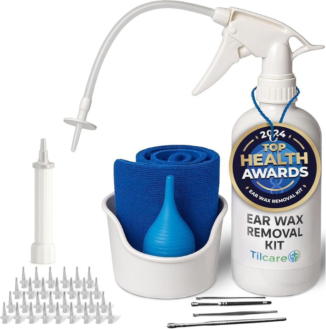 Ear Wax Removal Tool by Tilcare - Ear Irrigation Flushing System for Adults & Kids - Perfect Ear Cleaning Kit - Includes Basin, Syringe, Curette Kit, Towel and 30 Disposable Tips Ear Wax Removal Tool by Tilcare - Ear Irrigation Flushing System for Adults & Kids - Perfect Ear Cleaning Kit - Includes Basin, Syringe, Curette Kit, Towel and 30 Disposable Tips