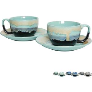 Bosmarlin Ceramic Cappuccino Cup and Saucer Set of 2, 10 Oz, Dishwasher and Microwave Safe, Coffee Cups for Latte, Espresso, Tea, Reavtive Glaze (Pastel Blue, 10 oz)