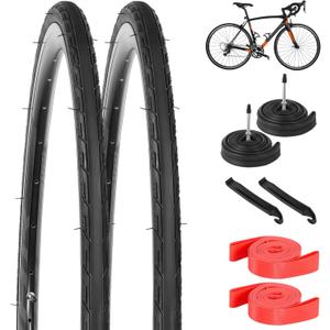 Yeesport 700 x 25c Road Bike Tires, 2 Pack Folding 700x25c Tires & 700 x 25c-28c Bike Tubes Presta Valve 48mm Tire Replacement with Rim Strips for Urban Rural Asphalt Concrete Hard Roads