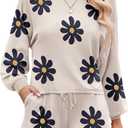 Ekouaer Knit Pajamas Set for Women Lounge Wear Sets Long Sleeve Sweatsuit Matching 2 Piece Outfits Casual Sweater Sets (Medium, A-white Flower)