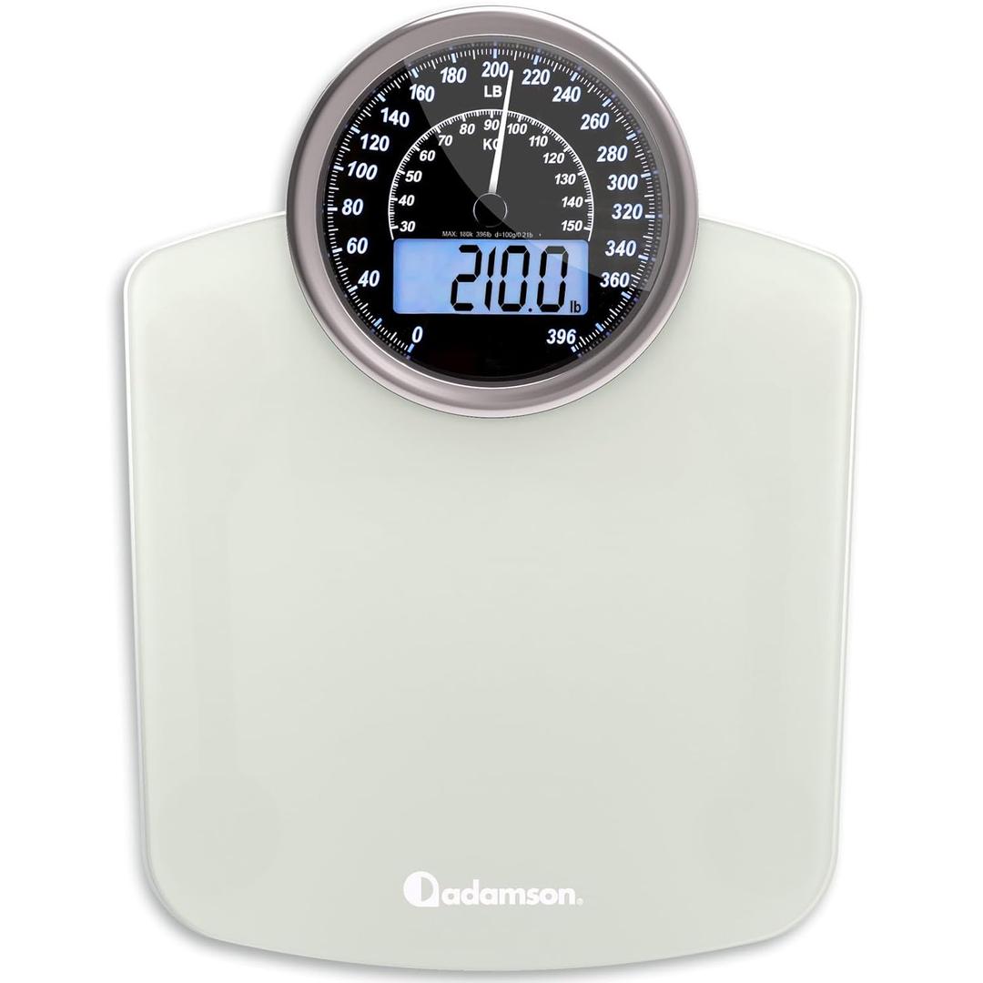 Adamson Hybrid 2-in-1 Analog & Digital Weighing Scale for Body Weight up to 400lbs + Thick Tempered Glass + Extra Large Display + Easy to Read Digital Bathroom Scale + New - White