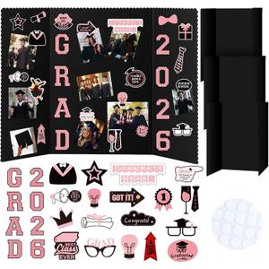 4 Set Graduation Photo Display Board Trifold Poster Board for Class of 2026 Grad Party Picture Display Graduation Photo Frames for Multiple Pictures Table Decor(Pink,24 x 16 Inches)