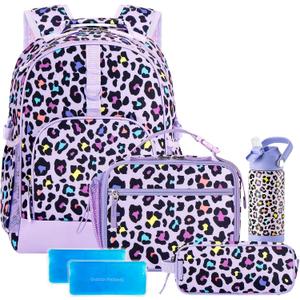 Choco Mocha Cheetah Backpack School Backpack Set for Girls, Kids Backpacks and Lunch Box Set with Water Bottle Elementary School 17 Inch Bookbag, Purple