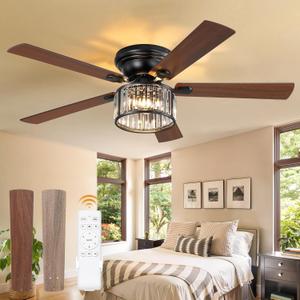 56 Inch Farmhouse Chandelier Ceiling Fan with Remote Control, Black Indoor Crystal Ceiling Fan with 6-Speeds, Quiet Reversible DC Motor, Flush Mount Ceiling Fans with Lights for Bedroom, Living Room