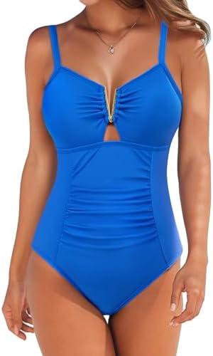 AI'MAGE Women's Tummy Control Swimsuits Ruched Slimming One Piece Bathing Suit V Neck Swimsuit, Blue, M