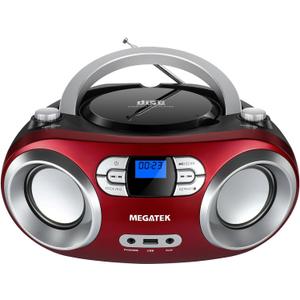 MEGATEK Portable CD Player Boombox with FM Radio, Bluetooth, USB Port, AUX Input, and Headphone Jack  CD-R/CD-RW/MP3-CD Compatible, Clear Stereo Sound, Backlit LCD Display  Cherry Red
