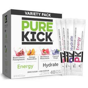PURE KICK Energy and Hydrate Singles To Go Drink Mix Variety Pack, Black cherry, Pomegranate, Orange Passion Fruit, Strawberry watermelon, and Concord Grape, 40 Count (Pack - 1) BB Date Not Found 