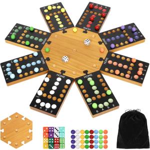 Marble Board Game,Wooden Board Game for 6-8 Players,Portable Design Marble Game with 32 Marbles 16 Dice, Family Game Night Gift for Kids & Adults