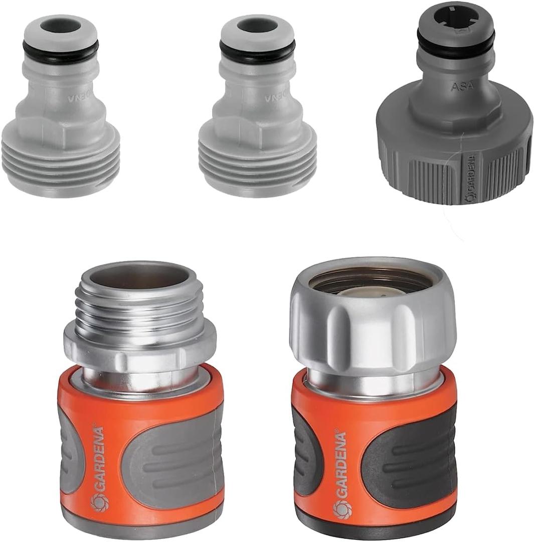 GARDENA (18271) 5-Piece Premium Metal Quick Connect Hose Fittings: Hose Quick Connect Kit for 5/8 Inch or 1/2 Inch Hose - Quickly Connect Garden Hoses, Sprinklers, Spray Nozzles, and Accessories.