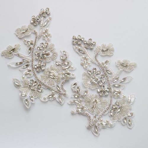 G-RUI 2pc/Pair Luxury Beaded Sequin Golden Silver Flower Embroidery lace Appliques for Wedding Dresses Rhinestone Applique Patches Embroidery lace parches ropa… (Silver)