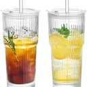 Puraville 2 Pack 20oz Glass Cups with Lids and Straws, Vintage Ribbed Glassware for Whiskey Cocktail Beer, Mason Jar Drinking Glasses Tumbler Iced Coffee Cup