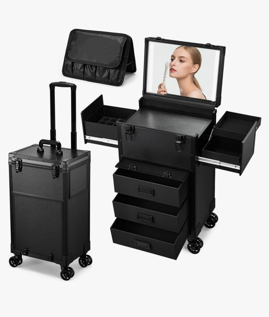 Rolling Makeup Case with lighted mirror, Cosmetology Case on Wheels with LED Mirror, Professional Salon Trolley Cart with Drawer,Travel Makeup Lockable Beauty Organizer with Live Stream Light Rolling Makeup Case with lighted mirror, Cosmetology Case on Wheels with LED Mirror, Professional Salon Trolley Cart with Drawer,Travel Makeup Lockable Beauty Organizer with Live Stream Light