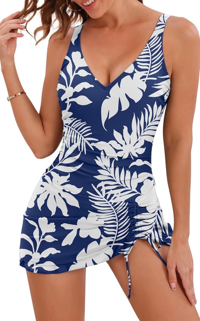B2prity Women's One Piece Swimdress Tummy Control Ruched Swimsuit V Neck Modest Bathing Suit with Full Coverage Skirt, Medium