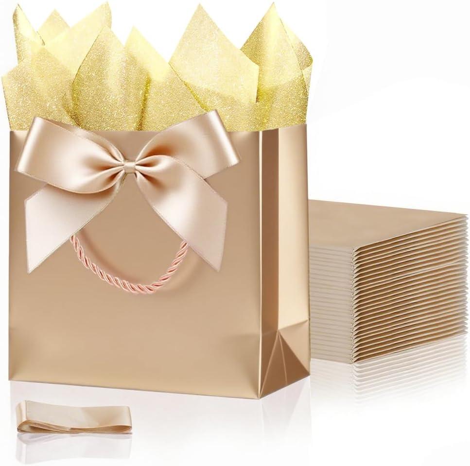 SHIPKEY 10PCS Champagne Gift Bags, 11"x4"x8" Medium Welcome Bags, Luxury Shopping Bags with Ribbon Handle and Bows (28x10x20cm)