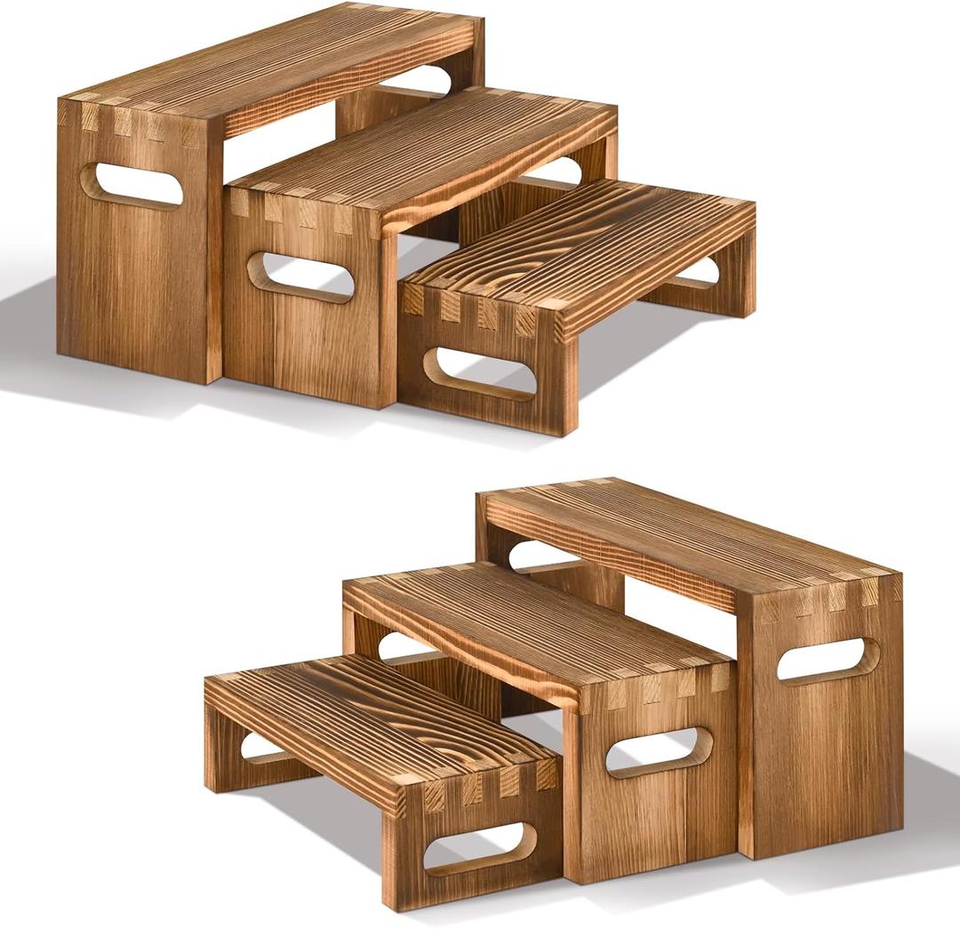 6 Pcs Wood Risers Display Stands, 2 Set Wooden Risers for Table Display, 3 Tier Rectangular Riser Display Stand Wooden for Cupcake, Desserts, Perfume, Collections, Jewelry Showcase