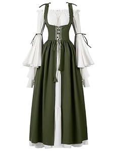 Spooktacular Creations Renaissance Costume Women, Medieval Olive Chemise Ren Faire Dress Irish Overdress, Renaissance Corset with Trumpet Sleeve for Halloween Cosplay Wedding Themed Parties-XL