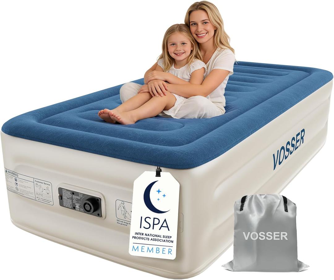 VOSSER Twin Air Mattress with Built-in Pump,Fast & Easy Inflation/Deflation Inflatable Mattress, Foldable Blow Up Mattress with Storage Bag, Inflatable Bed for Home, Camping & Guests (Blue)