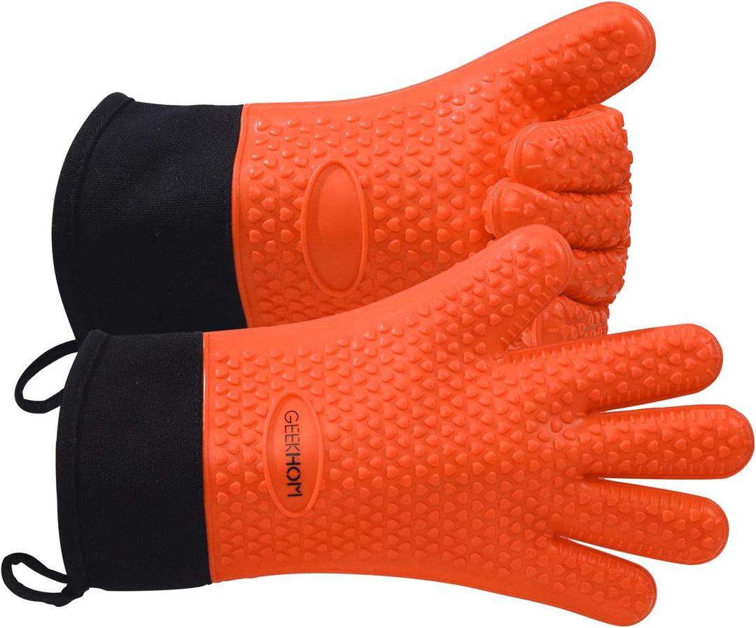 GEEKHOM BBQ Gloves Heat Resistant Oven Mitts - Silicone Grilling Gloves with 13.7" Arm Protection - Waterproof Pot Holder Non-Slip for Men & Women, Kitchen Outdoor Cooking, Baking, Camping, Orange (One Size Fits Most)