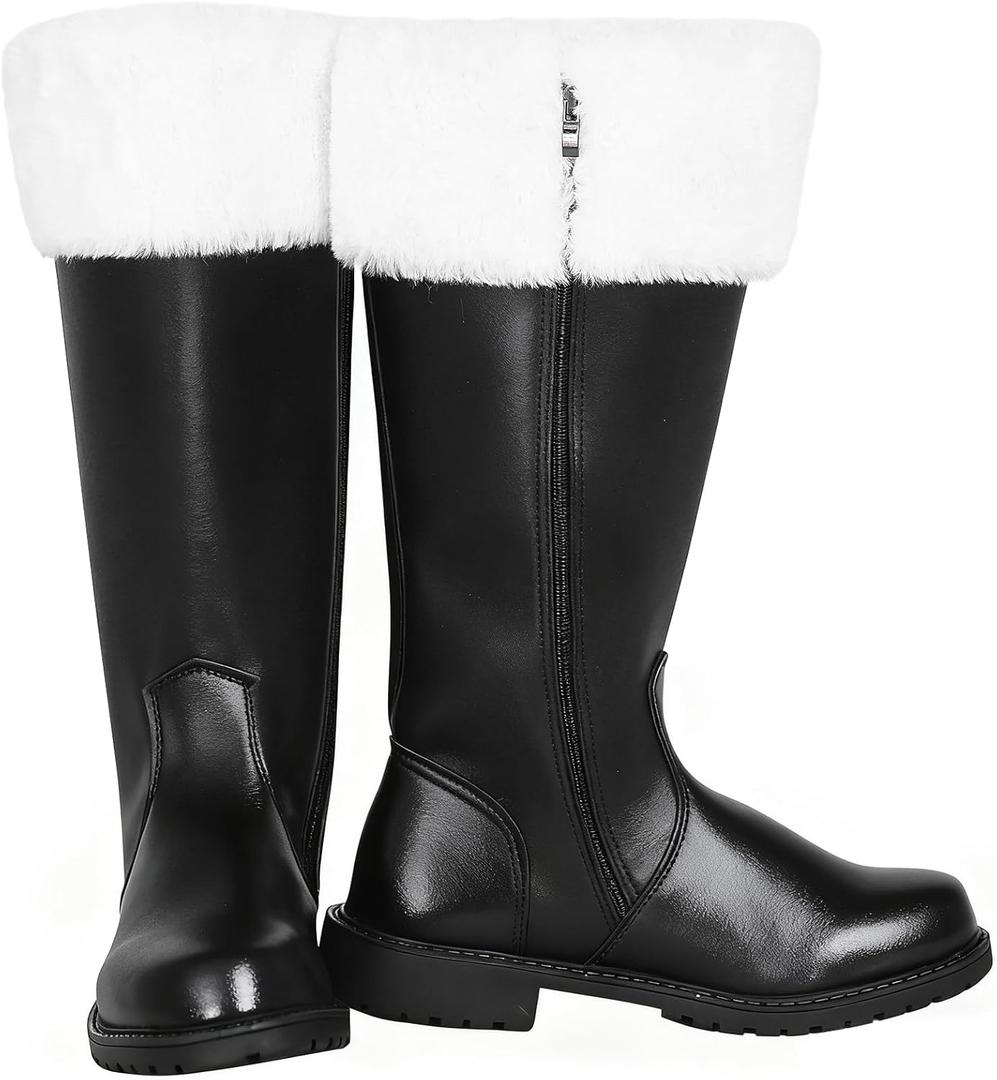 Christmas Santa Boots, Men's Wide Calf Santa Combat Boots with White Fur for Halloween Christmas Costume (Black)