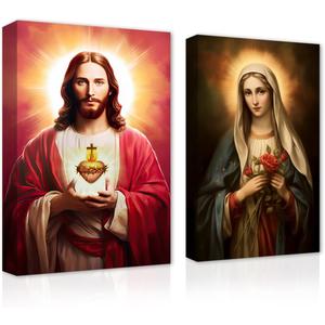 CXHOSTENT Christ Jesus And Virgin Mary Canvas Wall Art 2 Piece Sacred Heart Jesus And The Virgin Mary Paintings Prints God Poster for Church Decor (A, 16.00"x24.00"x2P)