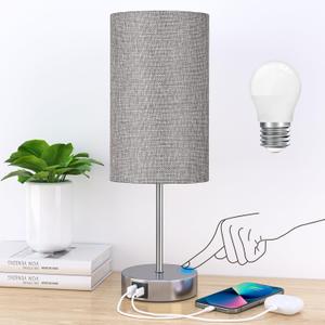 AKASUKI Table Lamp for Bedroom, 3 Way Dimmable Touch Lamp with Dual Charging Station, Small Bedside Lamps for Night Stands, Living Room, Office(LED Bulb Included) (14.25 in, Grey Shade-Silver Base)