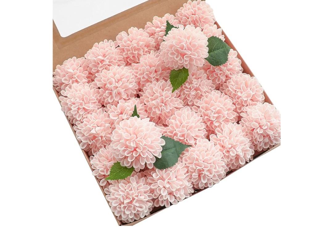 Floroom Artificial Dahlia Flowers 20pcs Real Looking Blush Foam Fake Roses with Stems for DIY Wedding Bouquets Pink Bridal Shower Centerpieces Floral Arrangements Party Tables Home Decoration