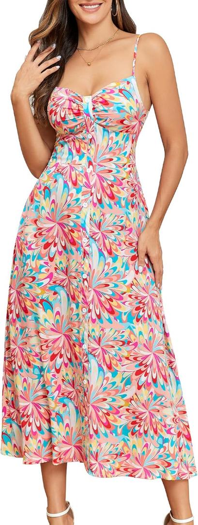 Summer Dresses for Women 2025 Beach Dress Floral V Neck Spaghetti Strap Flowy Bohe Long Floral Maxi Sundress (Small)